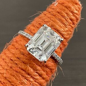 NWT 4 CT Emerald Cut Moissanite Ring, Hidden Halo/Pave Stone Setting, Size 4 3/4